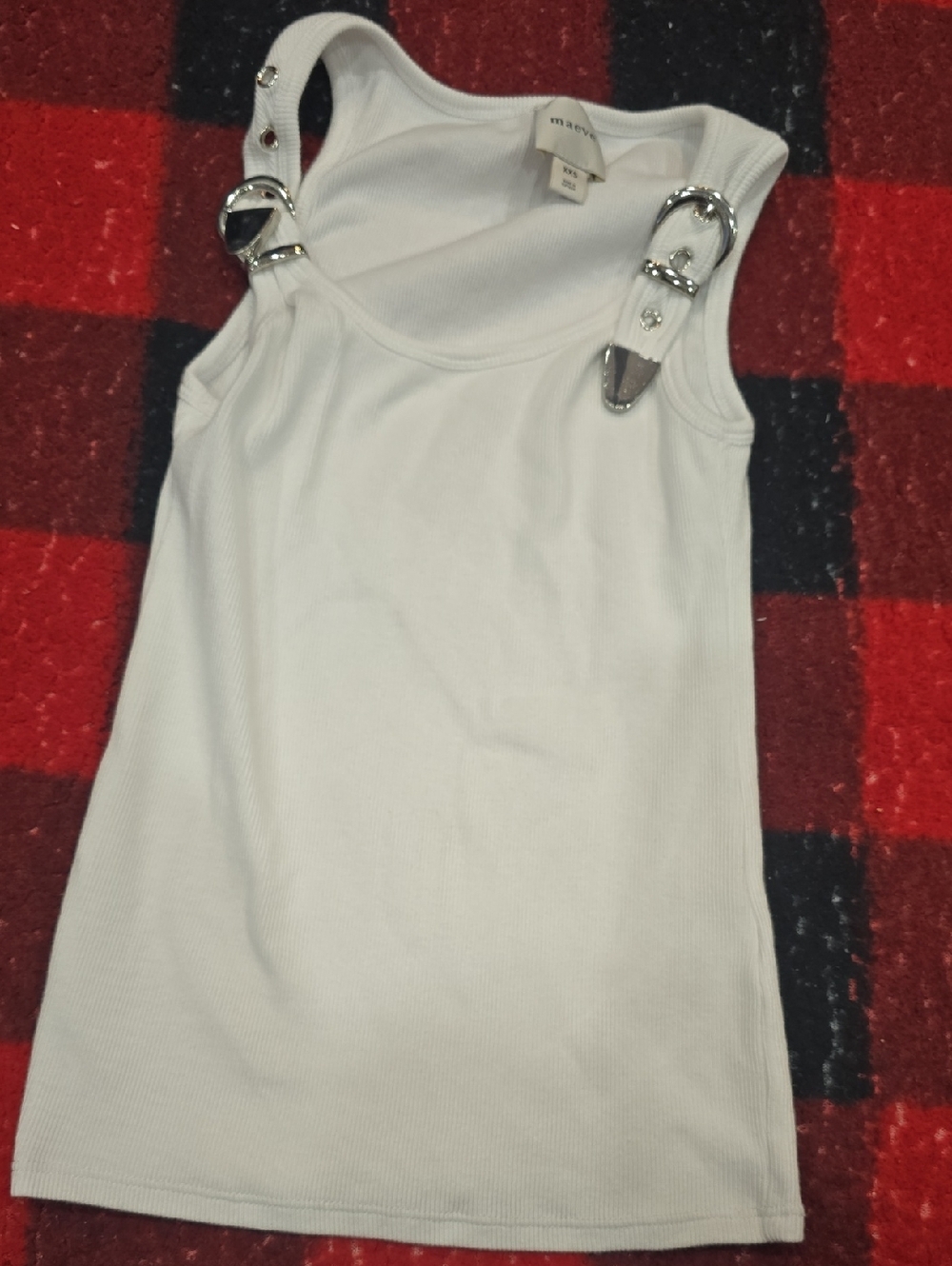 Maeve White Ribbed Tank with Silver Buckle Detail